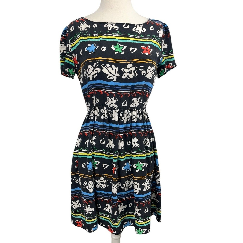 Prada Silk Day Dress Small 2011 Abstract Floral Stripe Black Fit & Flare Graphic